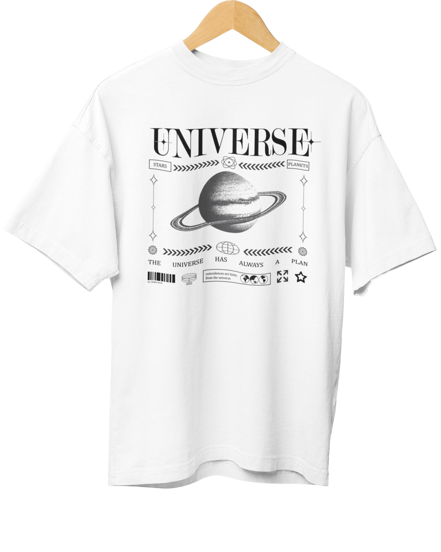 White t-shirt with 'UNIVERSE' graphic design on a hanger against a white background