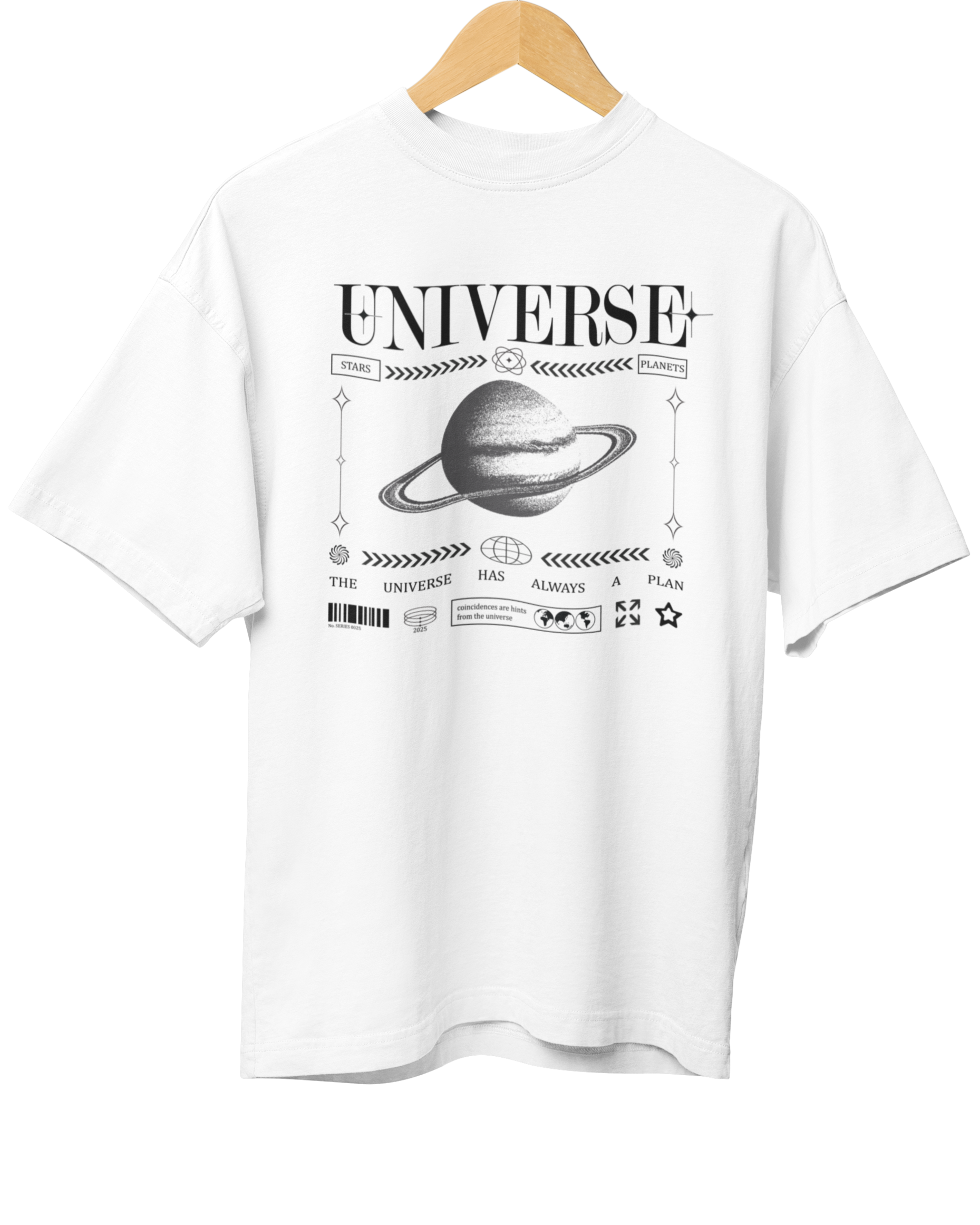 White t-shirt with 'UNIVERSE' graphic design on a hanger against a white background