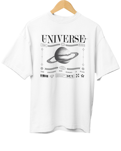 White t-shirt with 'UNIVERSE' graphic design on a hanger against a white background