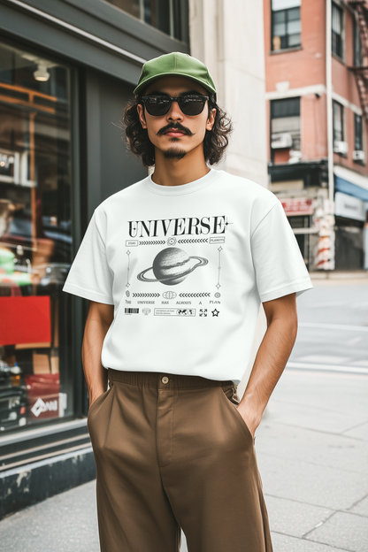 Man wearing a white t-shirt with 'UNIVERSE' design, green cap, and sunglasses on a city street.